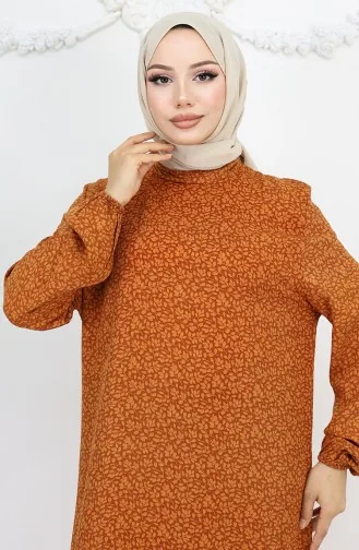 Viscose Stof Elastische Mouw Patroon Jurk 2015-02 Bruin 2015-02