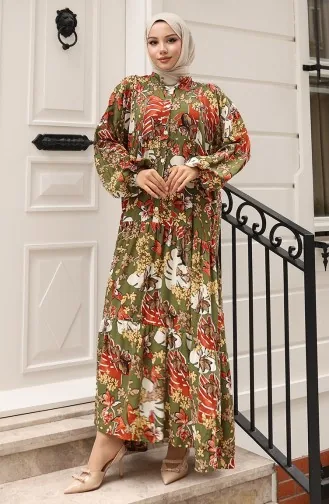 Jurk Met Alaçatı-patroon En Knopen 2021-03 Kaki Baksteen 2021-03