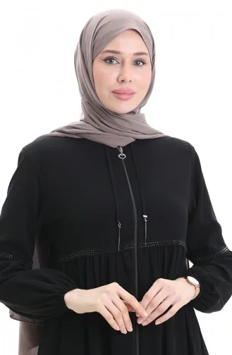 عباية بأكمام مرنة وسحّاب وحجارة 5081-01 سوداء 5081-01