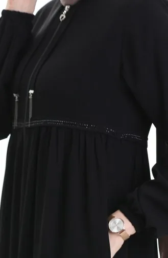 عباية بأكمام مرنة وسحّاب وحجارة 5081-01 سوداء 5081-01