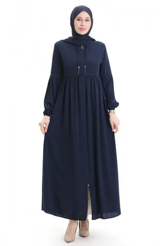 عباية بأكمام مرنة وسحاب وحجارة 5081-02 أزرق داكن 5081-02