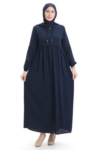 عباية بأكمام مرنة وسحاب وحجارة 5081-02 أزرق داكن 5081-02