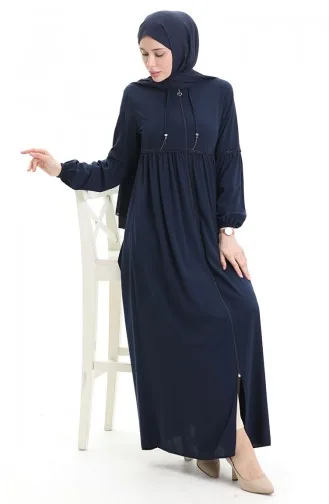 عباية بأكمام مرنة وسحاب وحجارة 5081-02 أزرق داكن 5081-02