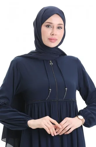 عباية بأكمام مرنة وسحاب وحجارة 5081-02 أزرق داكن 5081-02