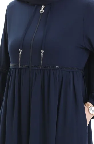 عباية بأكمام مرنة وسحاب وحجارة 5081-02 أزرق داكن 5081-02