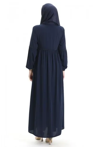 عباية بأكمام مرنة وسحاب وحجارة 5081-02 أزرق داكن 5081-02
