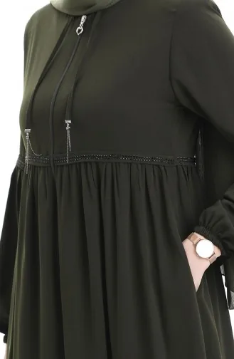 عباية بأكمام مرنة وسحاب وحجارة 5081-03 كاكي 5081-03