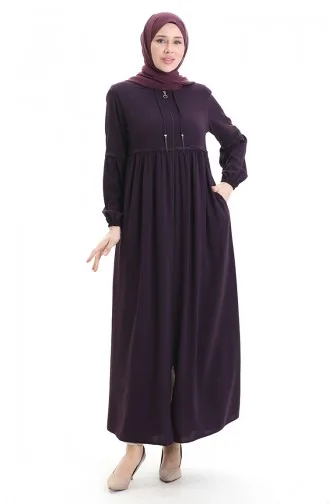 عباية بأكمام مرنة وسحاب وحجارة 5081-04 لون أرجواني 5081-04