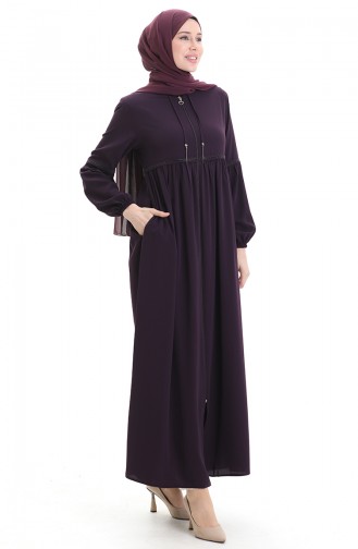 Kolu Lastikli Taşlı Fermuarlı Ferace 5081-04 Mürdüm