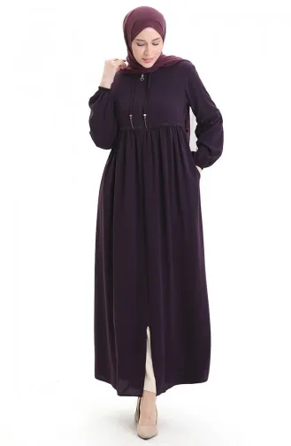 عباية بأكمام مرنة وسحاب وحجارة 5081-04 لون أرجواني 5081-04