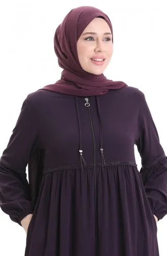 عباية بأكمام مرنة وسحاب وحجارة 5081-04 لون أرجواني 5081-04