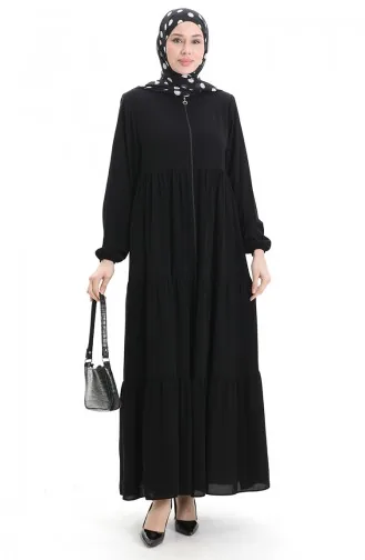 Büyük Beden Kolu Lastikli Fermuarlı Ferace 5082-01 Siyah
