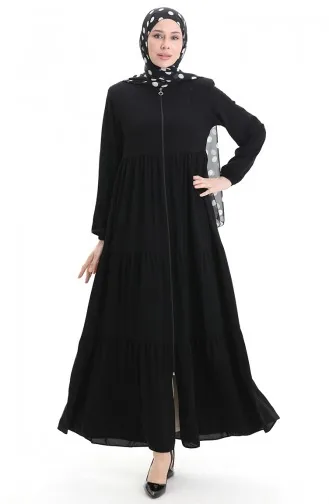 Büyük Beden Kolu Lastikli Fermuarlı Ferace 5082-01 Siyah