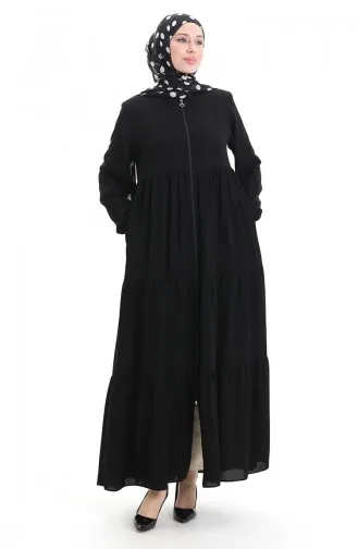 Büyük Beden Kolu Lastikli Fermuarlı Ferace 5082-01 Siyah