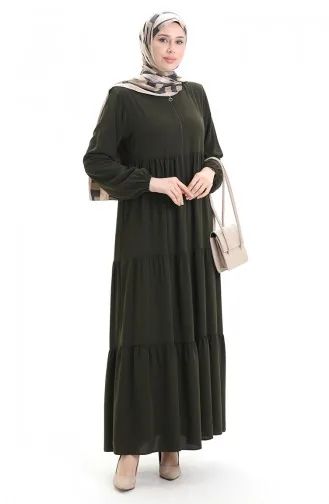 Büyük Beden Kolu Lastikli Fermuarlı Ferace 5082-03 Haki