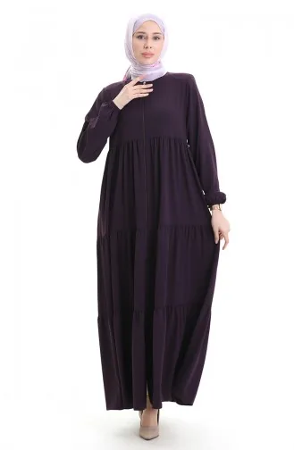 Büyük Beden Kolu Lastikli Fermuarlı Ferace 5082-04 Mürdüm