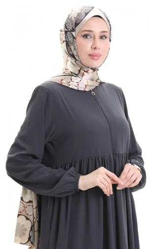 Büyük Beden Kolu Lastikli Fermuarlı Ferace 5082-05 Füme