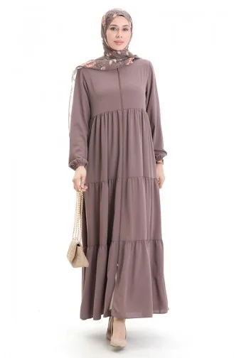 Büyük Beden Kolu Lastikli Fermuarlı Ferace 5082-06 Sütlü kahve