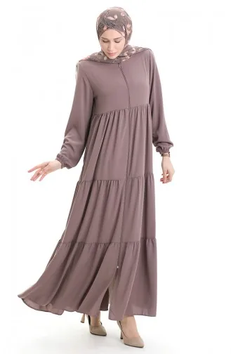 Büyük Beden Kolu Lastikli Fermuarlı Ferace 5082-06 Sütlü kahve