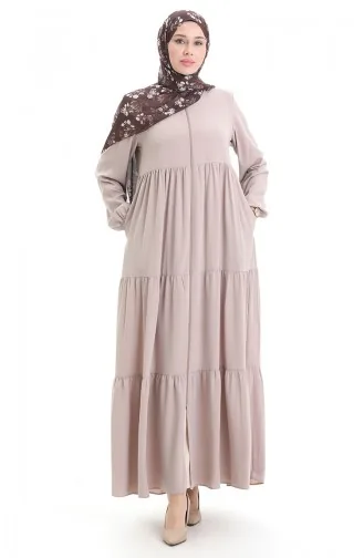 Büyük Beden Kolu Lastikli Fermuarlı Ferace 5082-07 Vizon