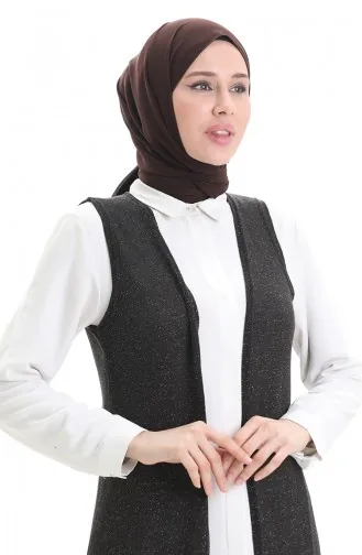 Simli Salaş Rahat Kesim Uzun Yelek 8743-01 Siyah