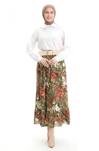 Viscose Fabric Elastic Waist Ruffle Skirt 2012C-01 Green 2012C-01