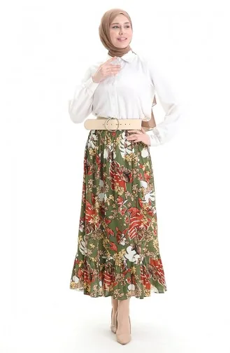 Viscose Fabric Elastic Waist Ruffle Skirt 2012C-01 Green 2012C-01