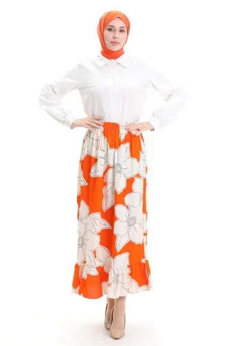 Viscose Fabric Elastic Waist Ruffle Skirt 2012E-03 Orange 2012E-03