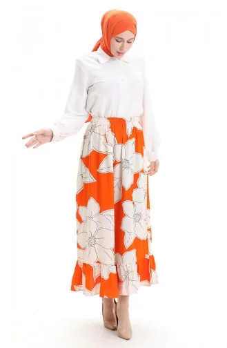 Viscose Fabric Elastic Waist Ruffle Skirt 2012E-03 Orange 2012E-03