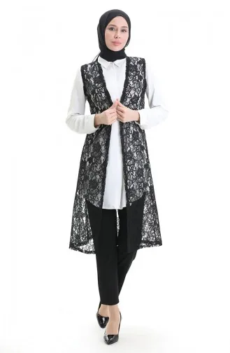 Dantelli Uzun Yelek 8742-01 Siyah