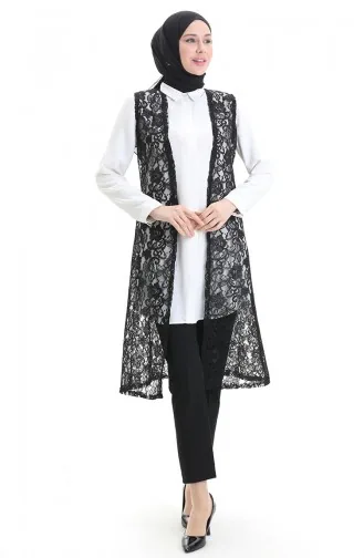 Dantelli Uzun Yelek 8742-01 Siyah