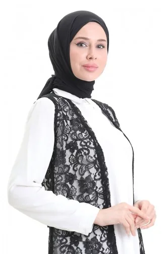 Dantelli Uzun Yelek 8742-01 Siyah