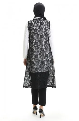 Dantelli Uzun Yelek 8742-01 Siyah
