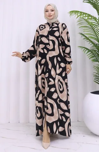 Viskon Kumaş Boydan Düğmeli Desenli Elbise 2029-02 Vizon Siyah
