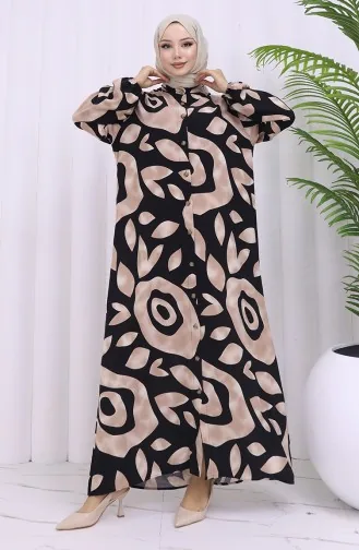 Viskon Kumaş Boydan Düğmeli Desenli Elbise 2029-02 Vizon Siyah