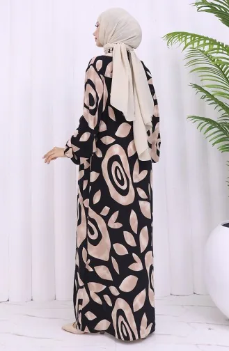 Viskon Kumaş Boydan Düğmeli Desenli Elbise 2029-02 Vizon Siyah