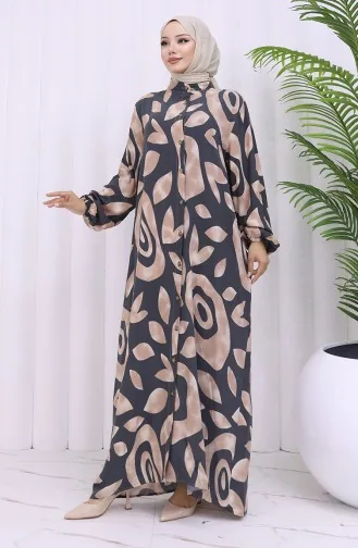 Viskon Kumaş Boydan Düğmeli Desenli Elbise 2029-03 Vizon Antrasit