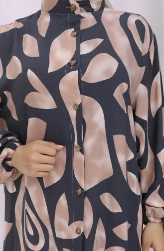 Viskon Kumaş Boydan Düğmeli Desenli Elbise 2029-03 Vizon Antrasit