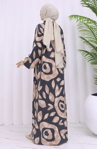 Viskon Kumaş Boydan Düğmeli Desenli Elbise 2029-03 Vizon Antrasit