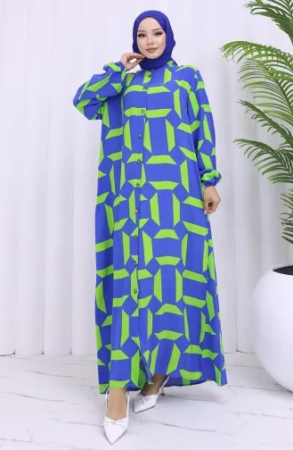 Viskon Kumaş Boydan Düğmeli Desenli Elbise 2030-01 Saks Yeşil
