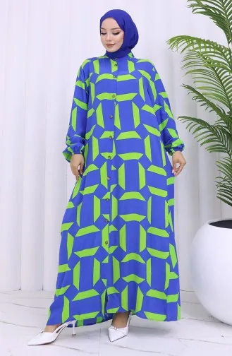 Viskon Kumaş Boydan Düğmeli Desenli Elbise 2030-01 Saks Yeşil