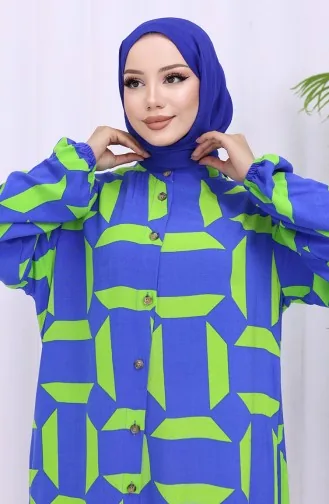 Viskon Kumaş Boydan Düğmeli Desenli Elbise 2030-01 Saks Yeşil