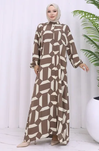 Viskon Kumaş Boydan Düğmeli Desenli Elbise 2030-02 Kahverengi Bej