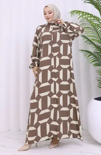 Viskon Kumaş Boydan Düğmeli Desenli Elbise 2030-02 Kahverengi Bej