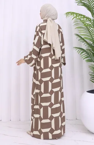 Viskon Kumaş Boydan Düğmeli Desenli Elbise 2030-02 Kahverengi Bej