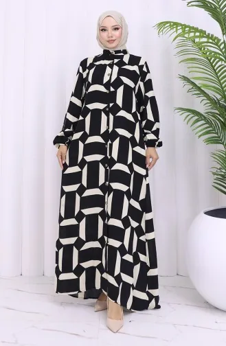 Viskon Kumaş Boydan Düğmeli Desenli Elbise 2030-03 Siyah Bej