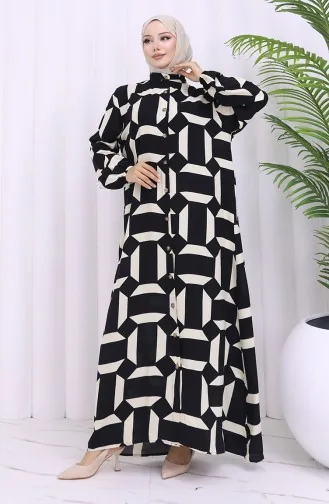 Viskon Kumaş Boydan Düğmeli Desenli Elbise 2030-03 Siyah Bej