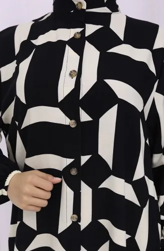 Viskon Kumaş Boydan Düğmeli Desenli Elbise 2030-03 Siyah Bej