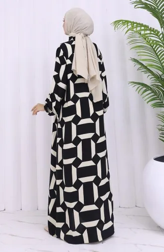 Viskon Kumaş Boydan Düğmeli Desenli Elbise 2030-03 Siyah Bej