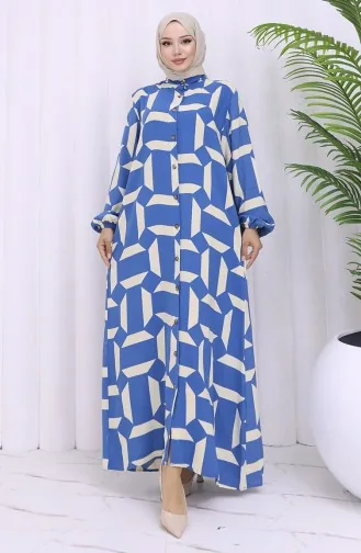 Viscose Fabric Buttoned Patterned Dress 2030-04 Indigo Beige 2030-04